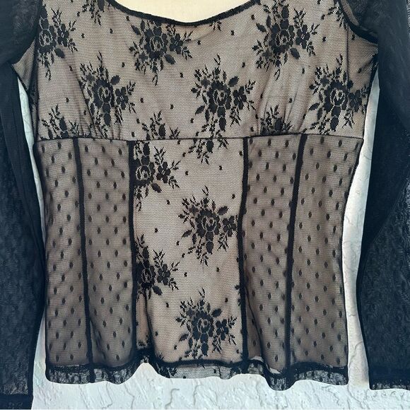 NY & COMPANY Blouse Top Women Medium Babydoll Y2K Sheer Lace Whimsigoth Vintage - Picture 3 of 5